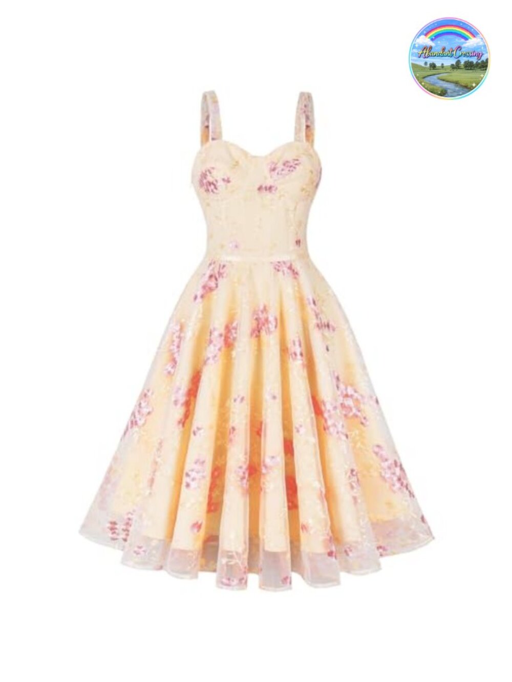Spaghetti Strap Floral Embroidered Tulle Midi Dress